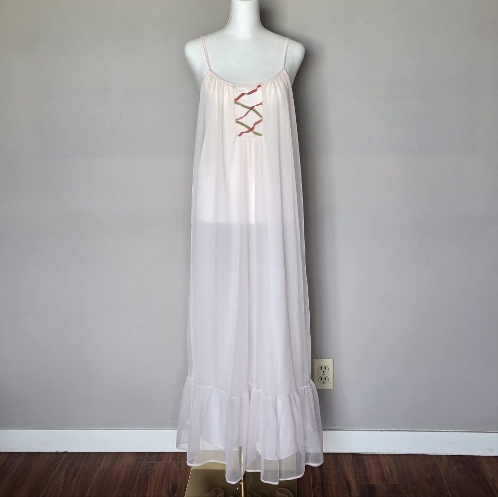 Vtg 1960s Petal Pink Chiffon Overlay Nylon Double Layer Maxi Sheer Nightgown M